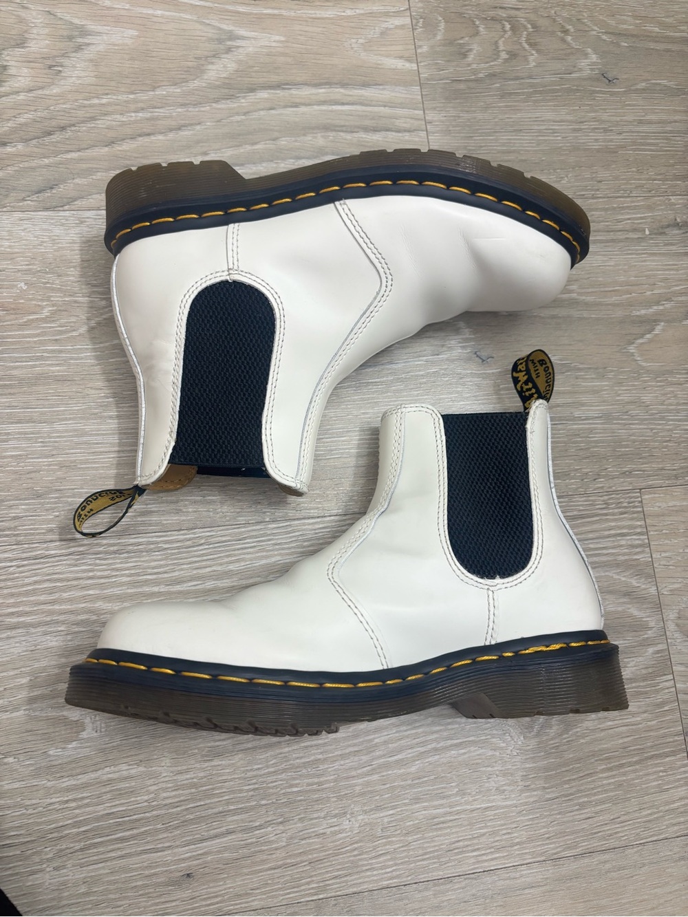 Dr. Martens White Boots with Black Panels and Yellow Interior